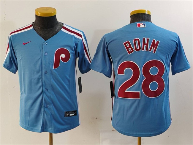 Youth Philadelphia Phillies #28 Alec Bohm Blue Cool Base Stitched Baseball Jersey Youth Philadelphia Phillies #28 Alec Bohm Blue Cool Base Stitched Baseball Jersey